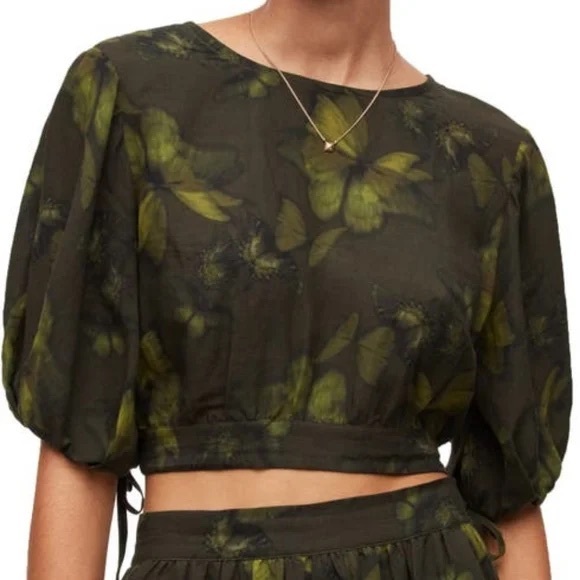 All Saints Size 4 Puff Sleeve Butterfly Print Crop Top Linen/Viscose Blend - Picture 1 of 13